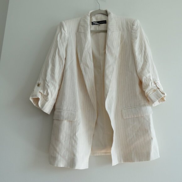 ZARA Linen Blend Neutral Oatmeal Stripe Roll Tab Sleeve Blazer Preppy - Size M - Picture 8 of 12